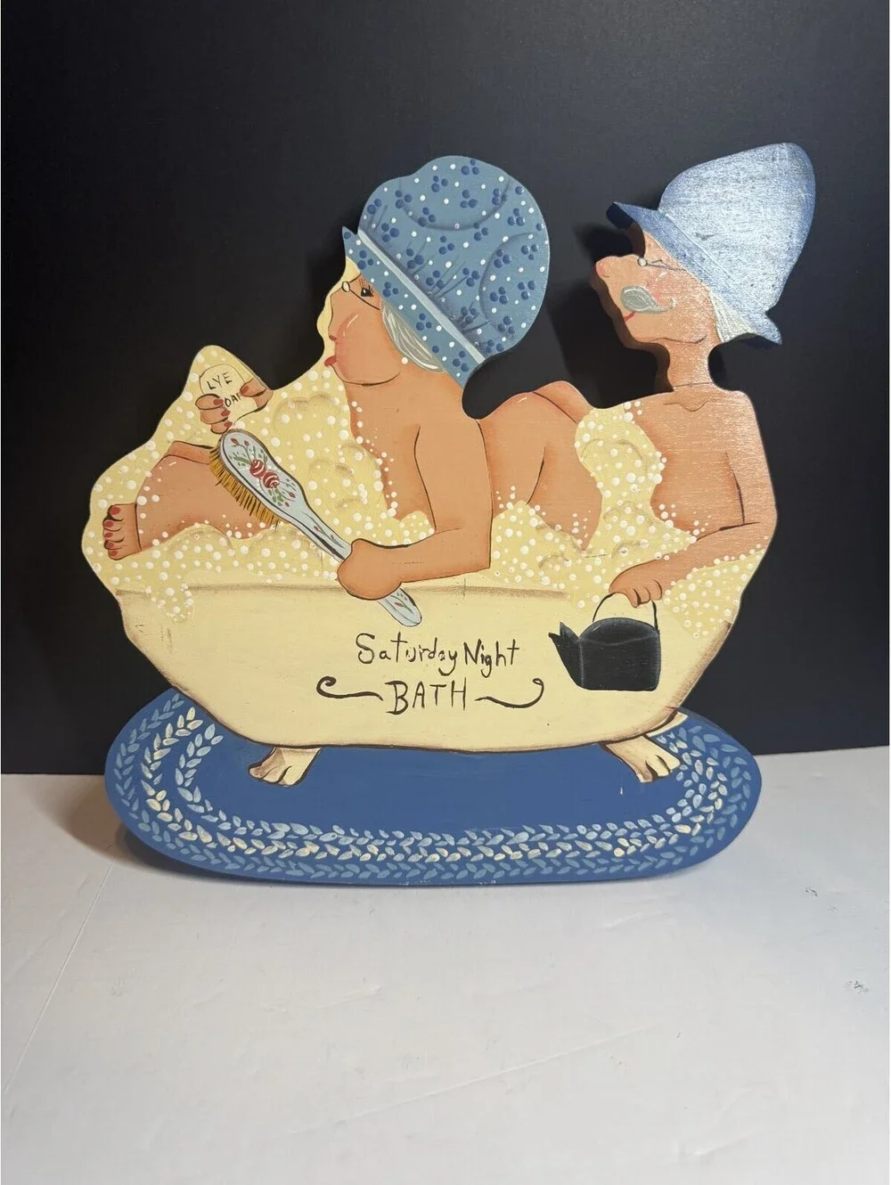 Vtg Sign Saturday Night Bath Old Couple In Tub Bathroom Decor Grandma Gpa Signed